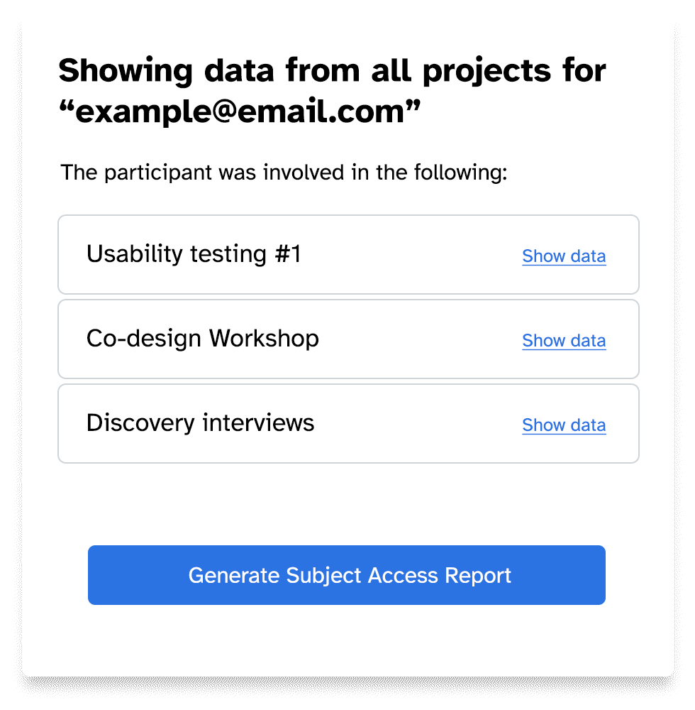 Showing data from across all projects for a participant after searching using their email address