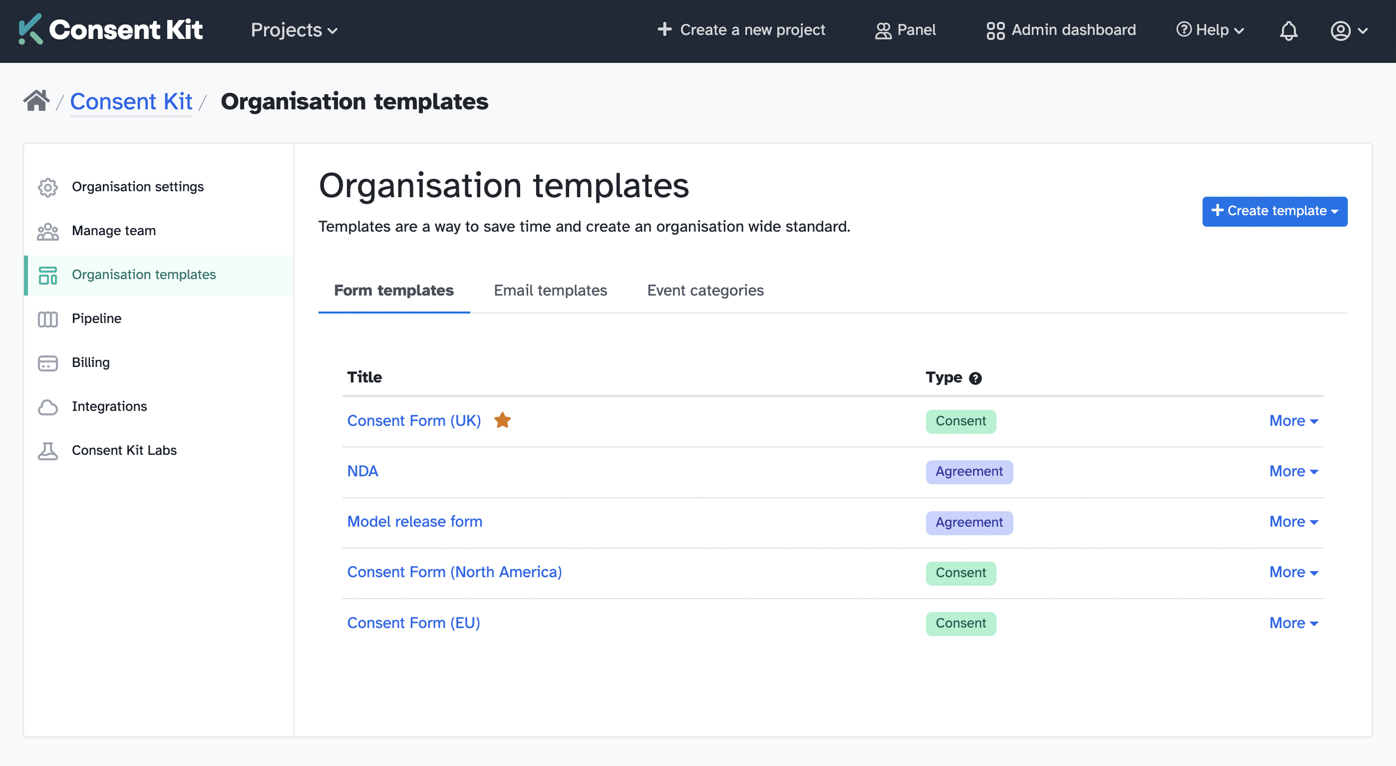 Screenshot of document templates in Consent Kit