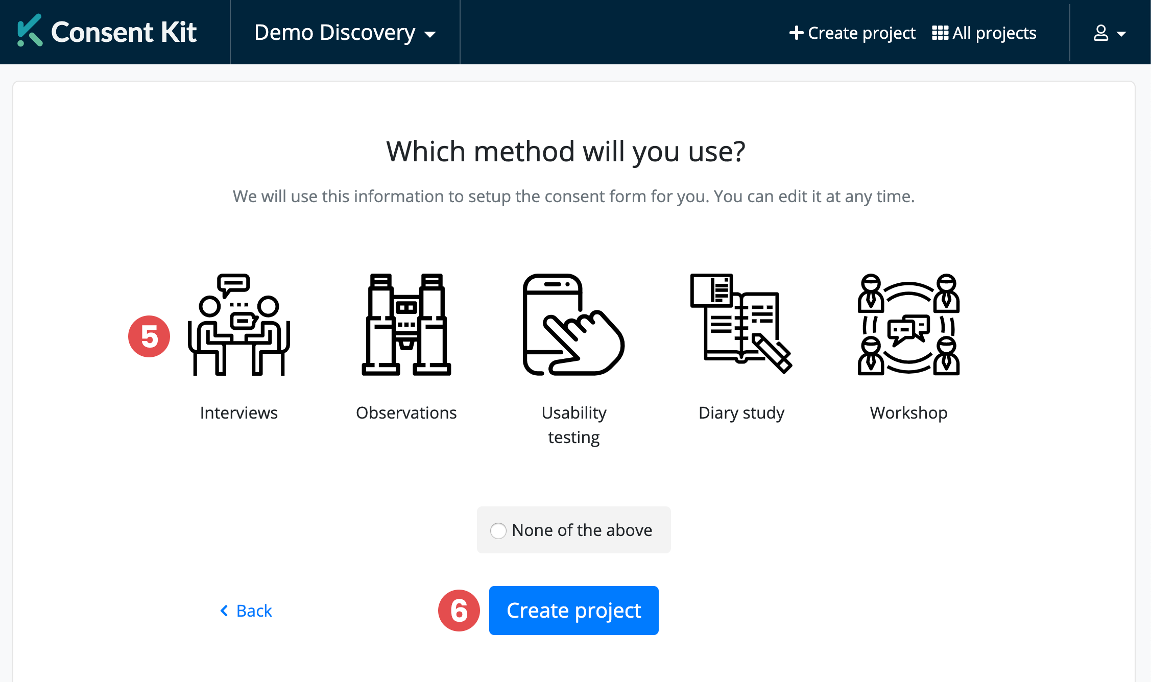 Create a project, steps 5 and 6